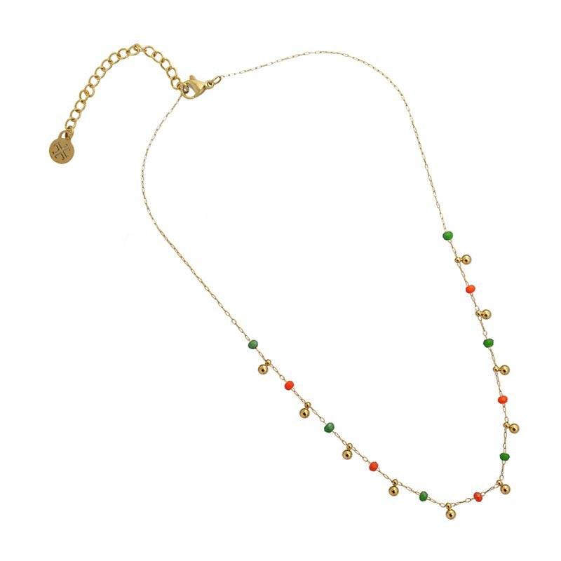 Collar multicharm cadena dorado bolas acero inoxidable color rojo verde