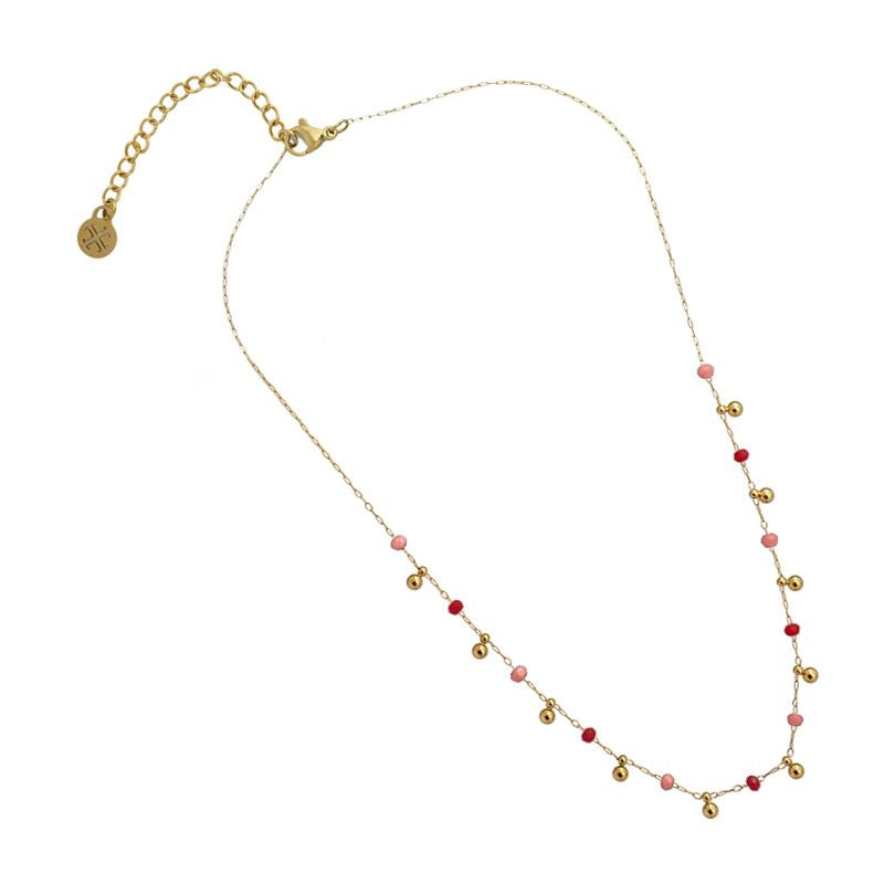 Collar multicharm cadena dorado bolas acero inoxidable color rojo