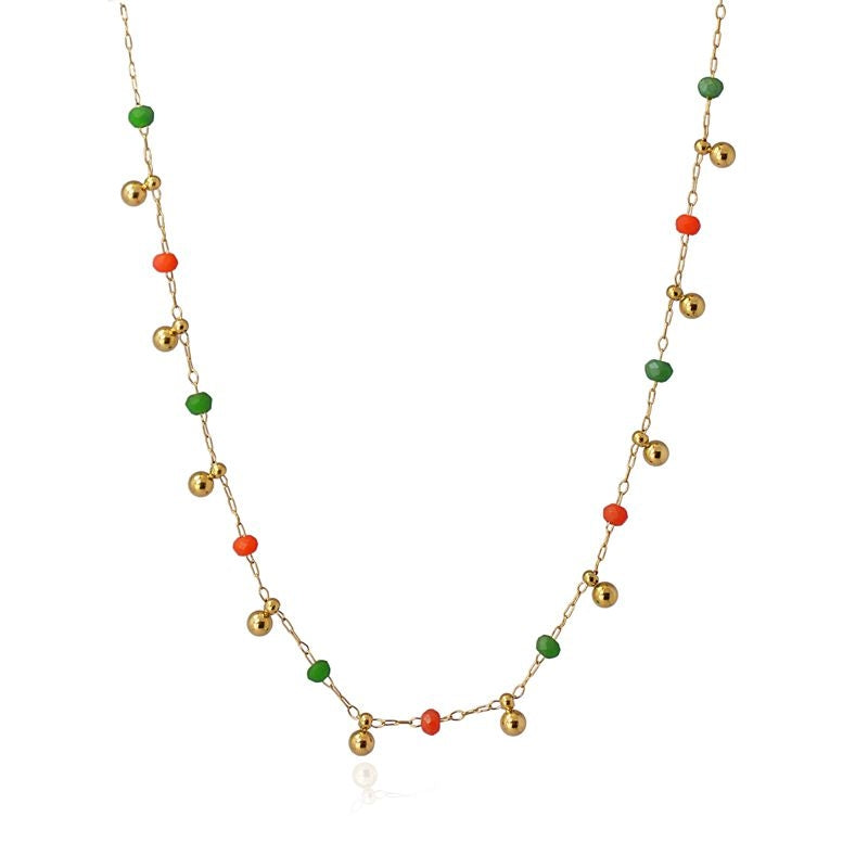Collar multicharm cadena dorado bolas acero inoxidable color rojo verde