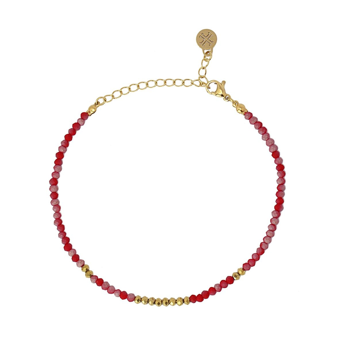 Tobillera color cuentas acero dorado rojo
