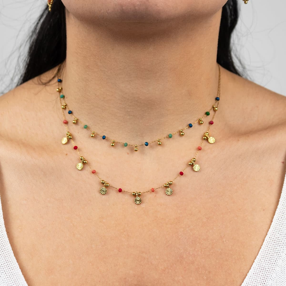 Collar multicharm cadena dorado abalorio cuenta acero inoxidable color rojo rosa turquesa naranja negro mujer