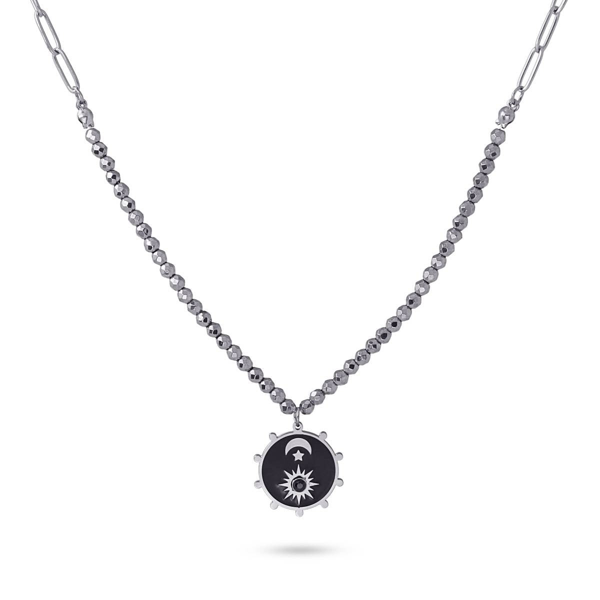 collar acero hematite colgante esmalte noche día plateado