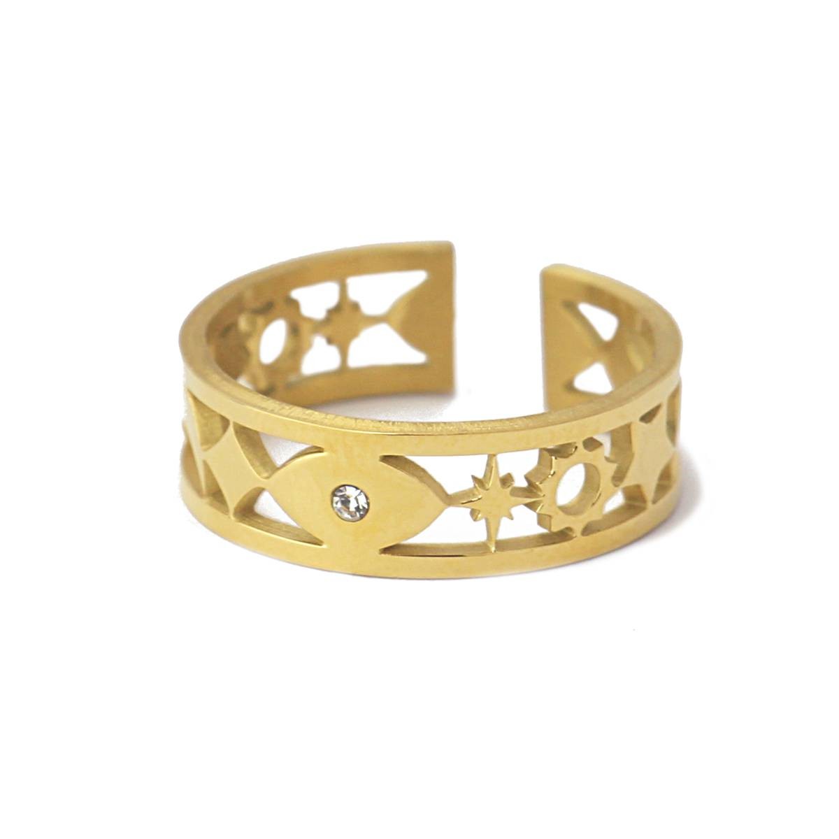 anillo ajustable acero sol luna estrellas oro