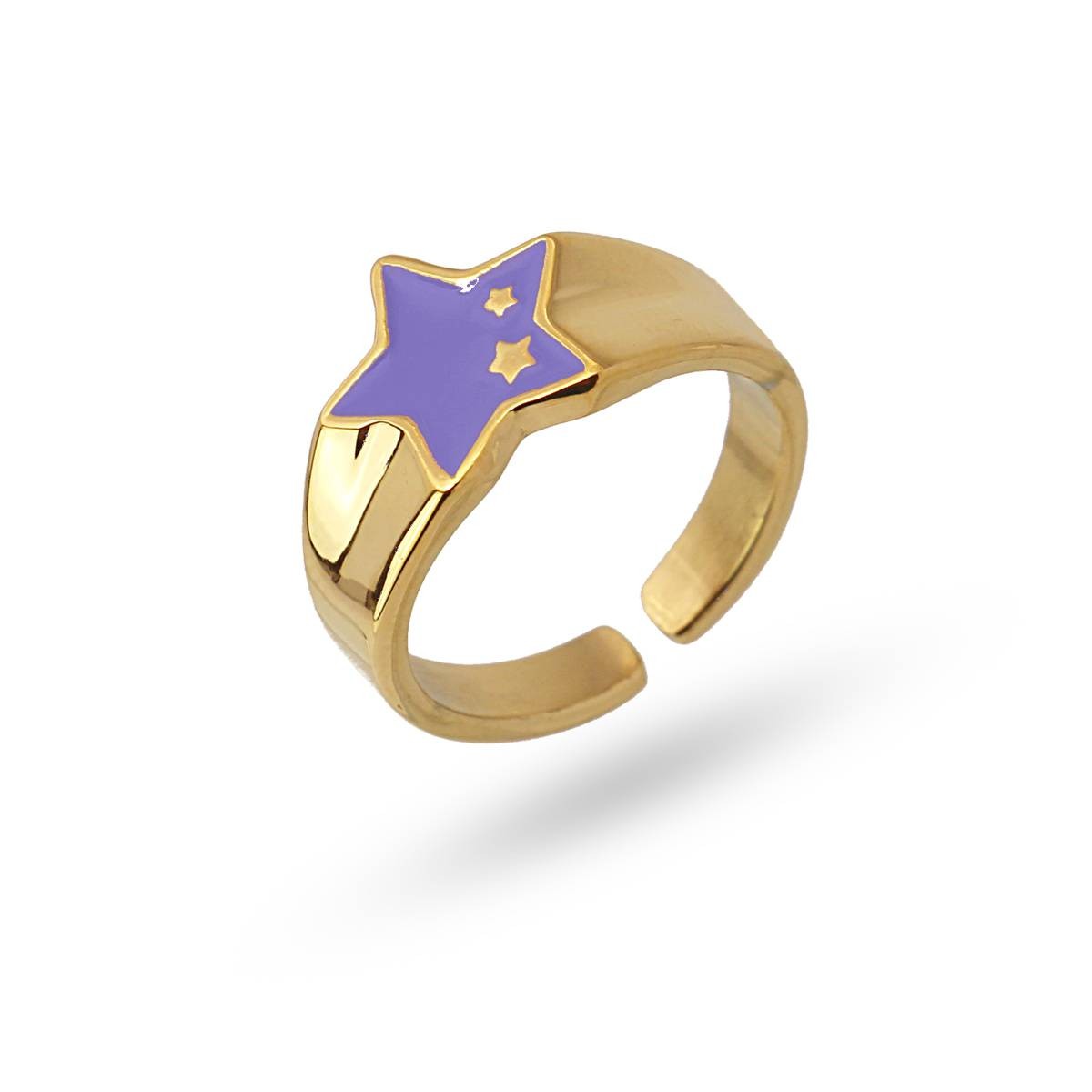 Anillo estrellas acero esmalte color dorado morado 2