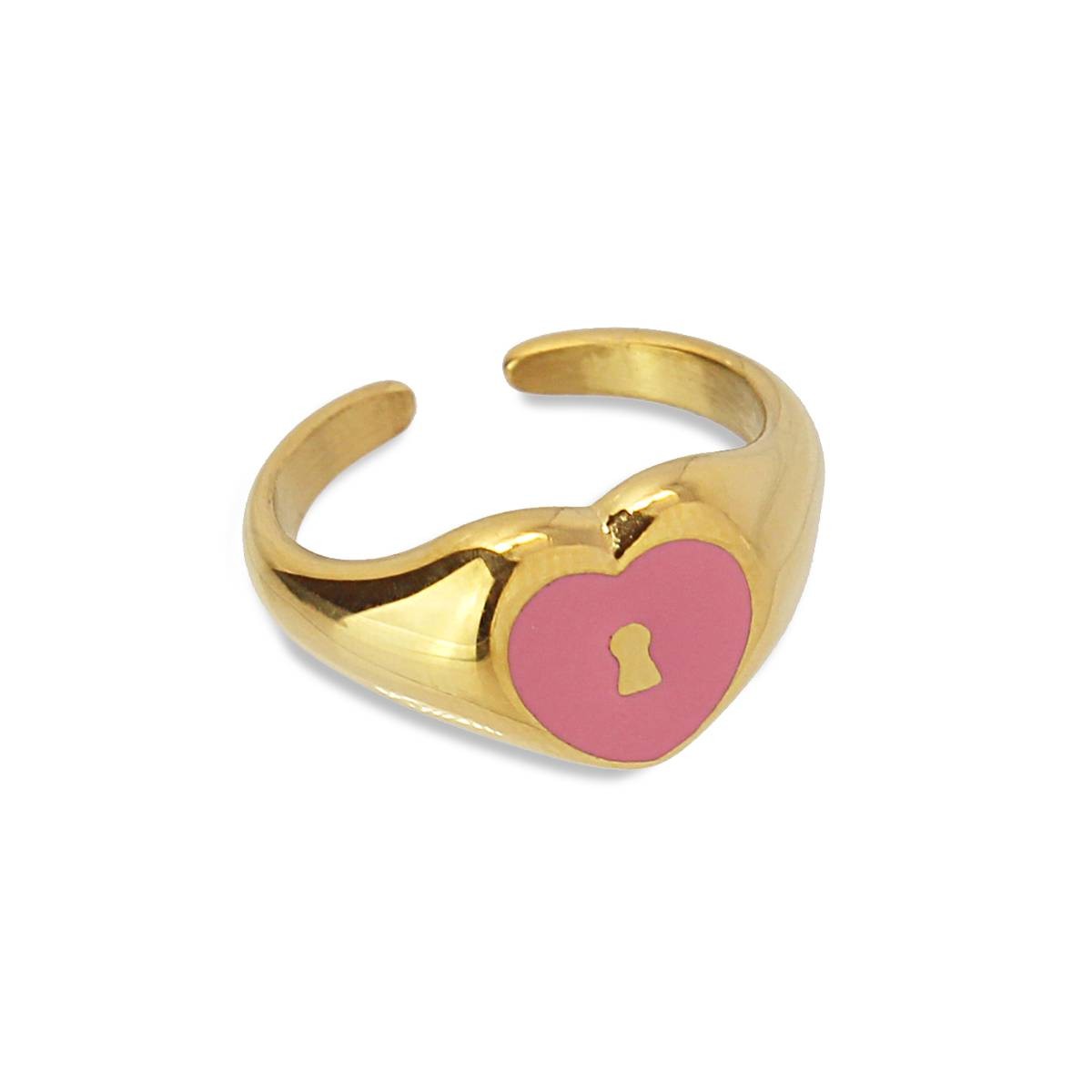 Anillo corazón acero esmalte color dorado rosa