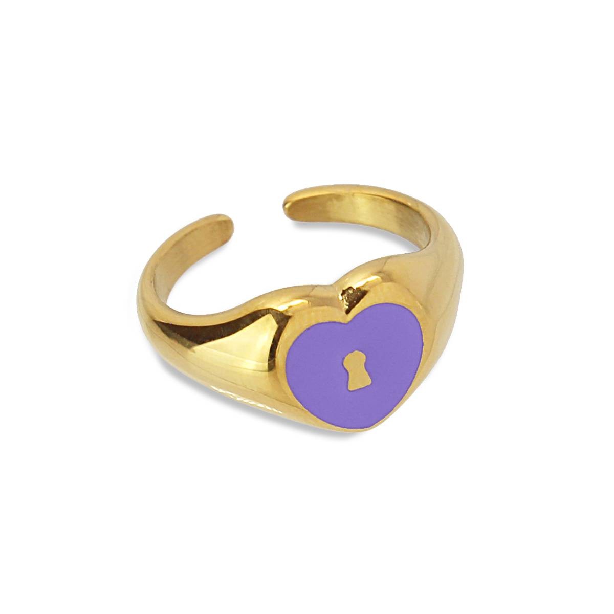 Anillo corazón acero esmalte color dorado morado 2
