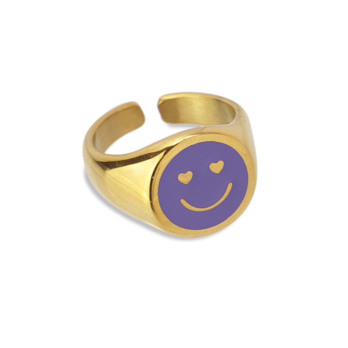Anillo smile acero esmalte color dorado morado