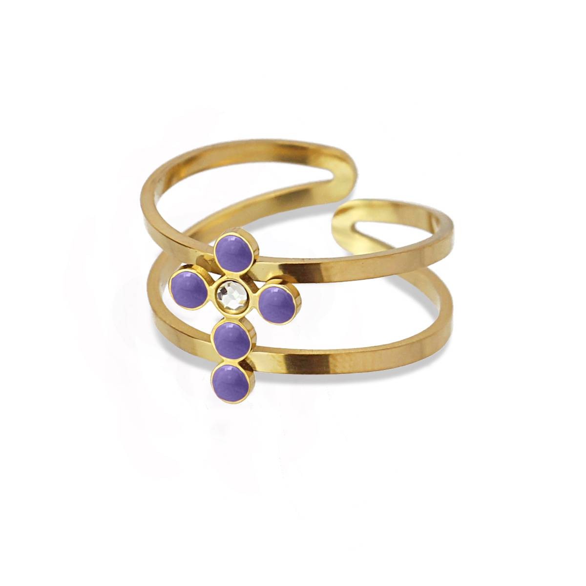 Anillo cruz acero esmalte color dorado morado 2