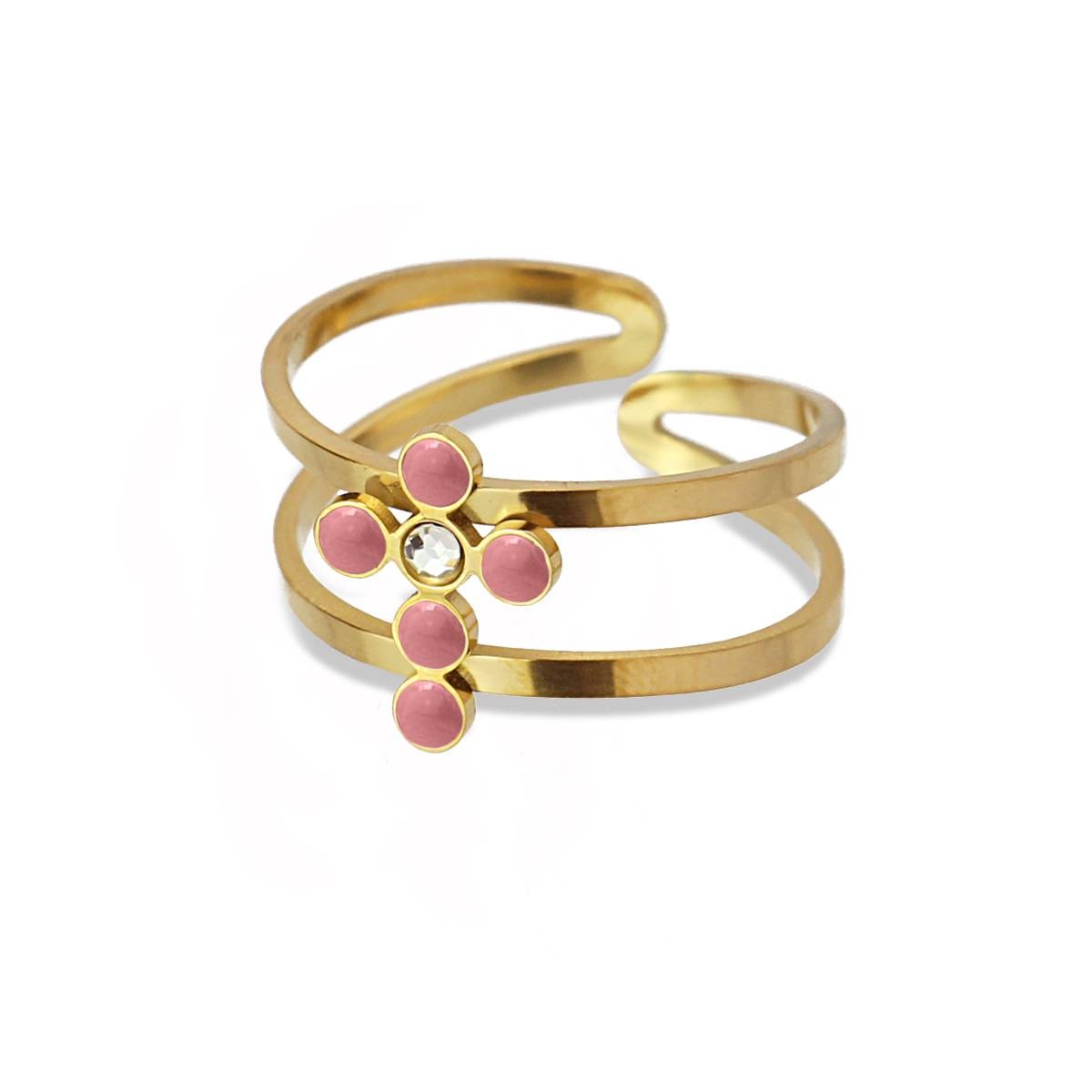 Anillo cruz acero esmalte color dorado rosa