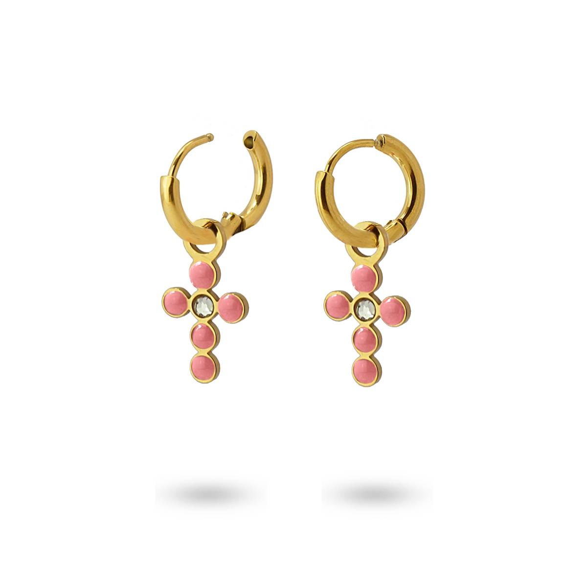 Mini aros cruz acero dorado rosa 2