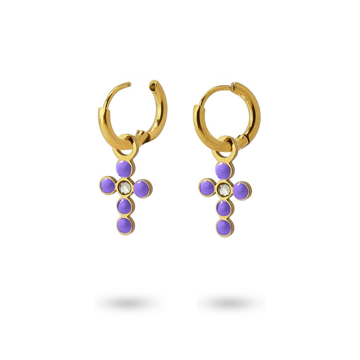 Mini aros cruz acero dorado violeta