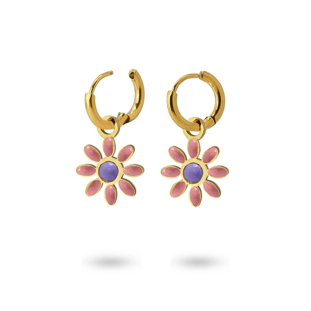 Mini aros flores acero dorado color rosa morado