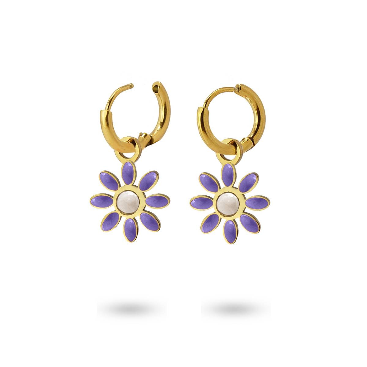 Mini aros flores acero dorado color morado blanco