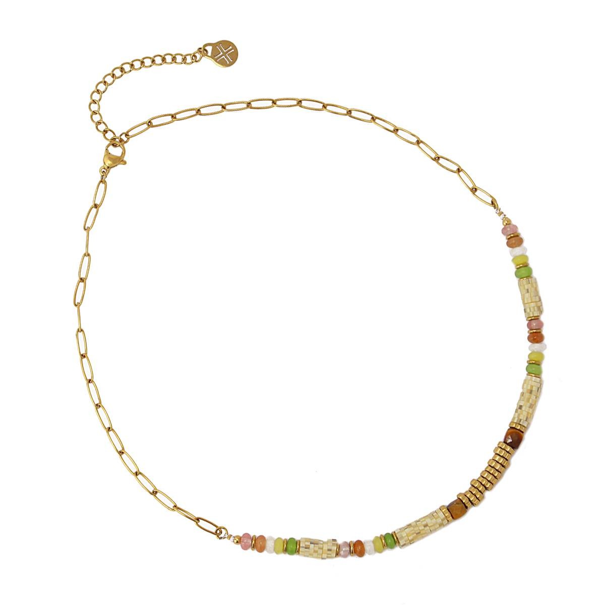 collar acero quirúrgico cuentas cristal heishi beige