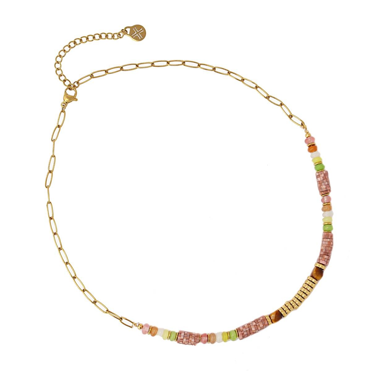 collar acero quirúrgico cuentas cristal heishi rosa
