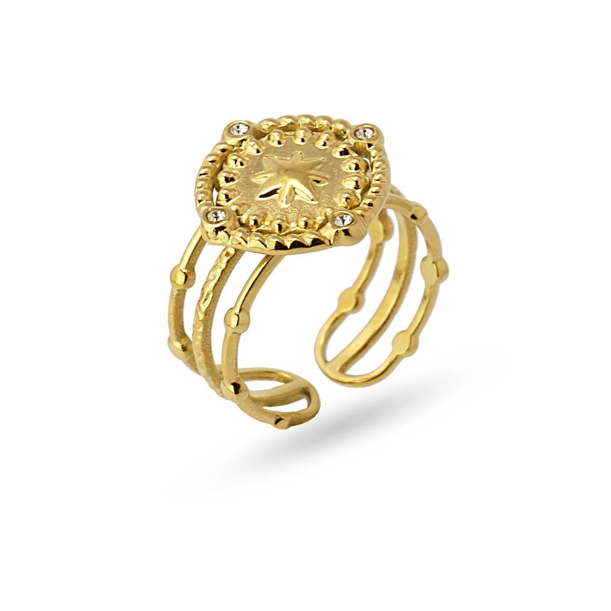 anillo tres lineas detalle estrella circonitas acero dorado