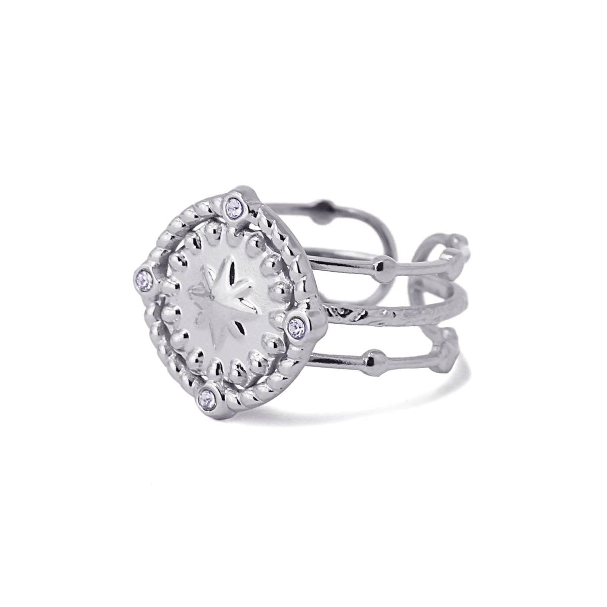 anillo tres lineas detalle estrella circonitas acero
