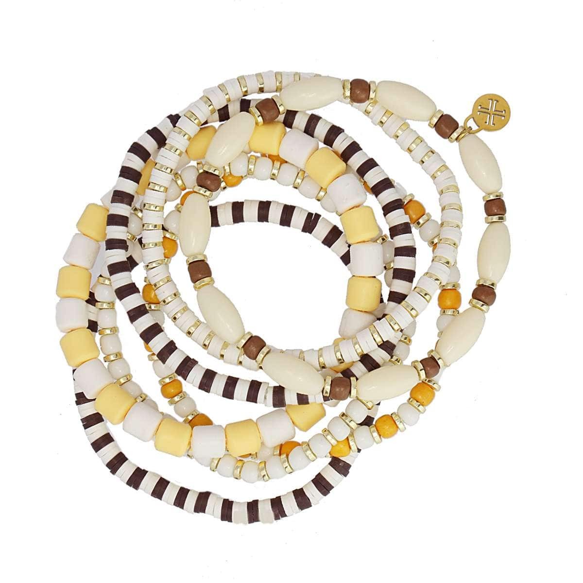 pack siete pulseras elásticas cuentas acero plástico piedra natura heishi amarillo