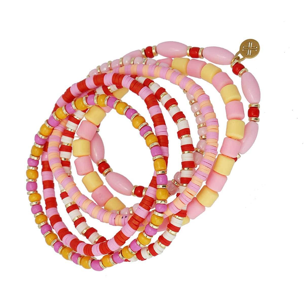 pack siete pulseras elásticas cuentas acero plástico piedra natura heishi anartxy rosa
