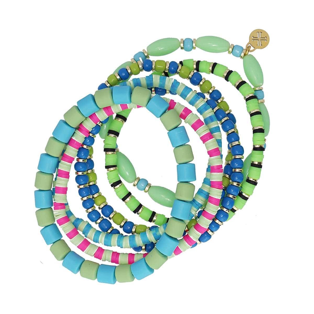 pack siete pulseras elásticas cuentas acero plástico piedra natura heishicolor