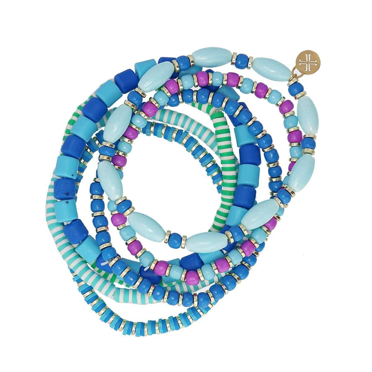 pack siete pulseras elásticas cuentas acero plástico piedra natura heishi azul