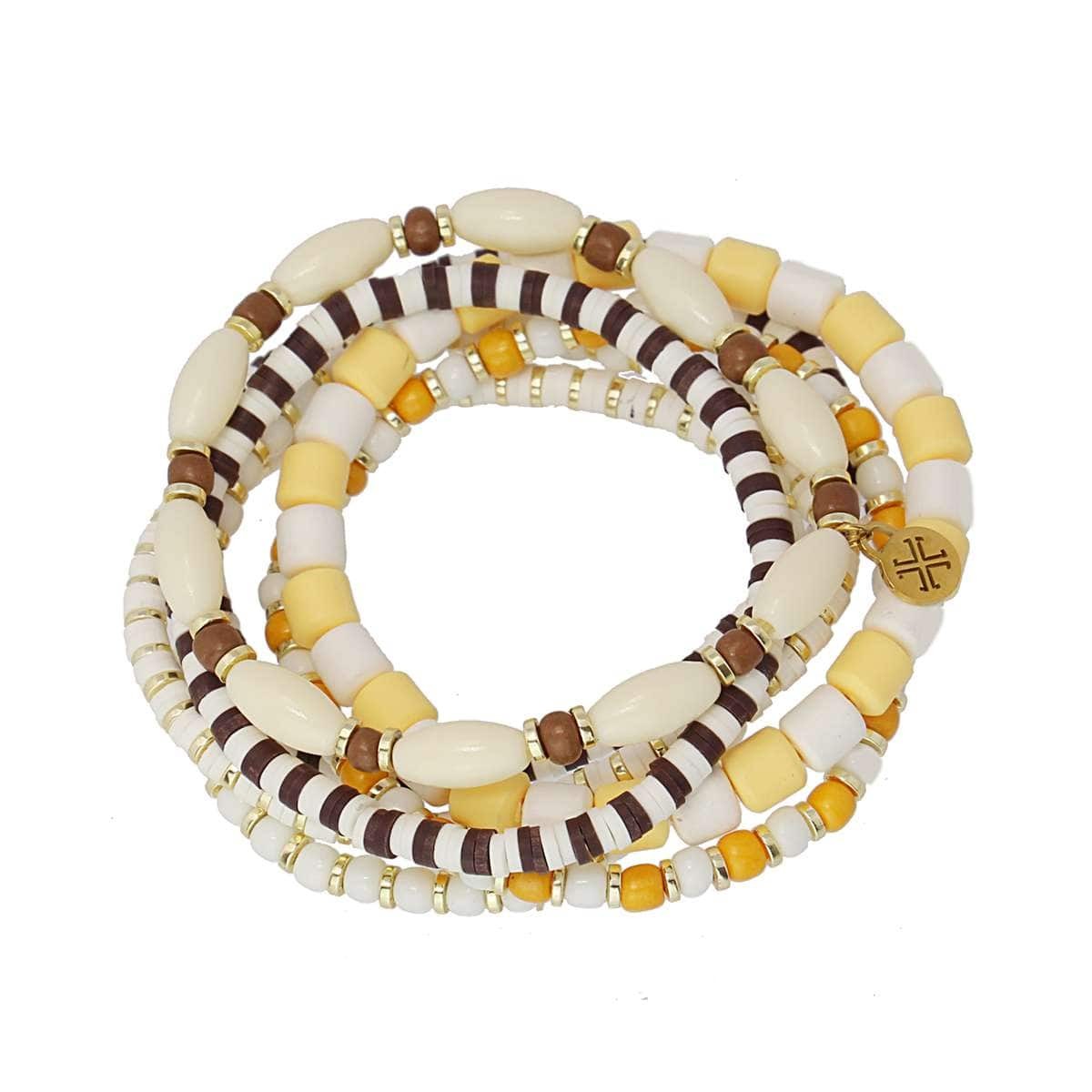pack siete pulseras elásticas cuentas acero plástico piedra natura heishi anartxy amarillo
