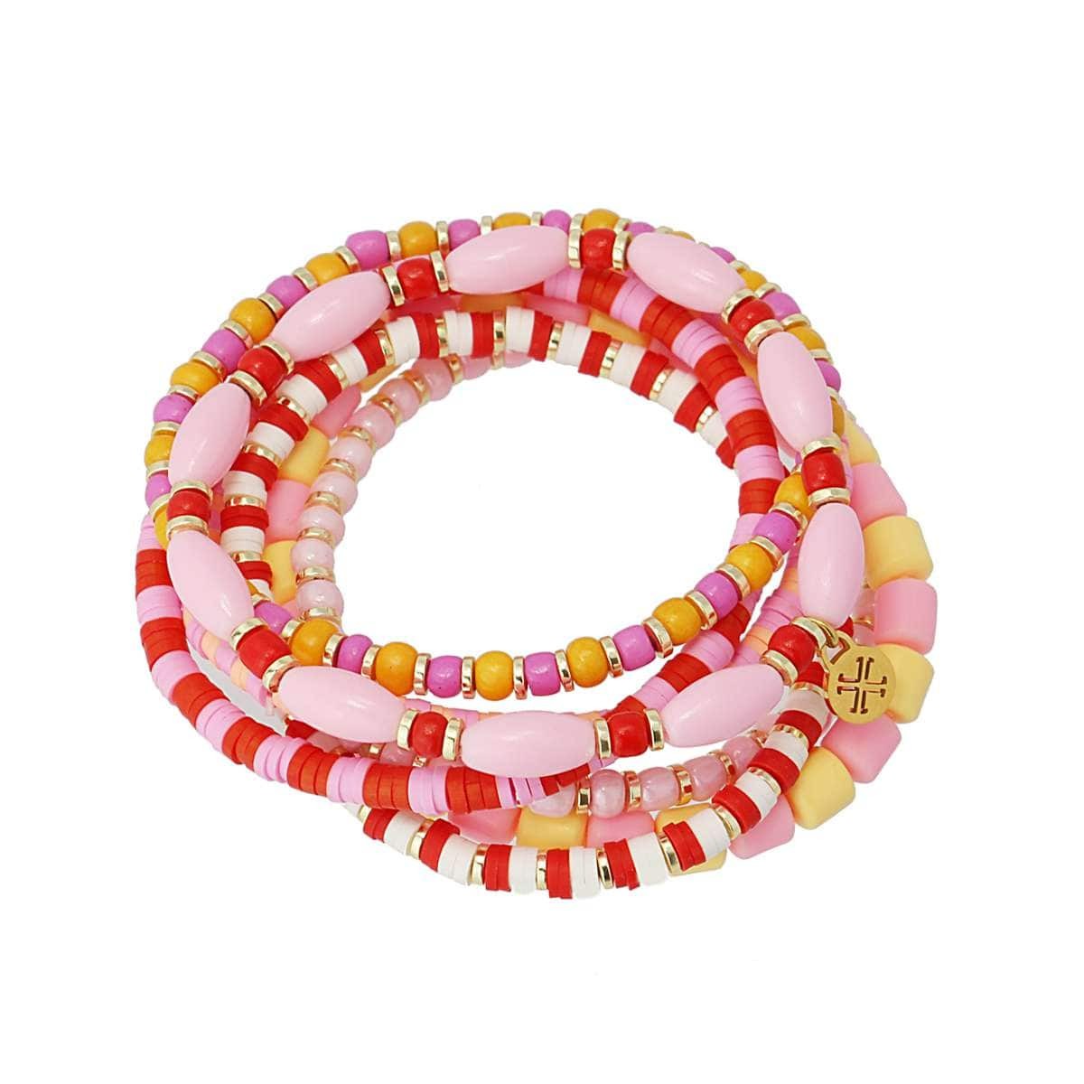 pack siete pulseras elásticas cuentas acero plástico piedra natura heishi rosa