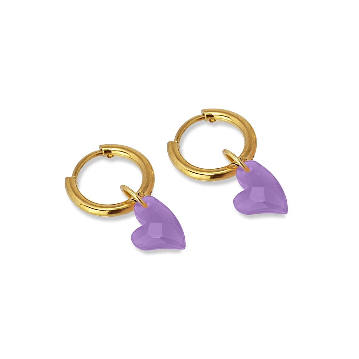 pendientes mini aros acero quirúrgico dorado abalorio acrílico corazón anartxy lila