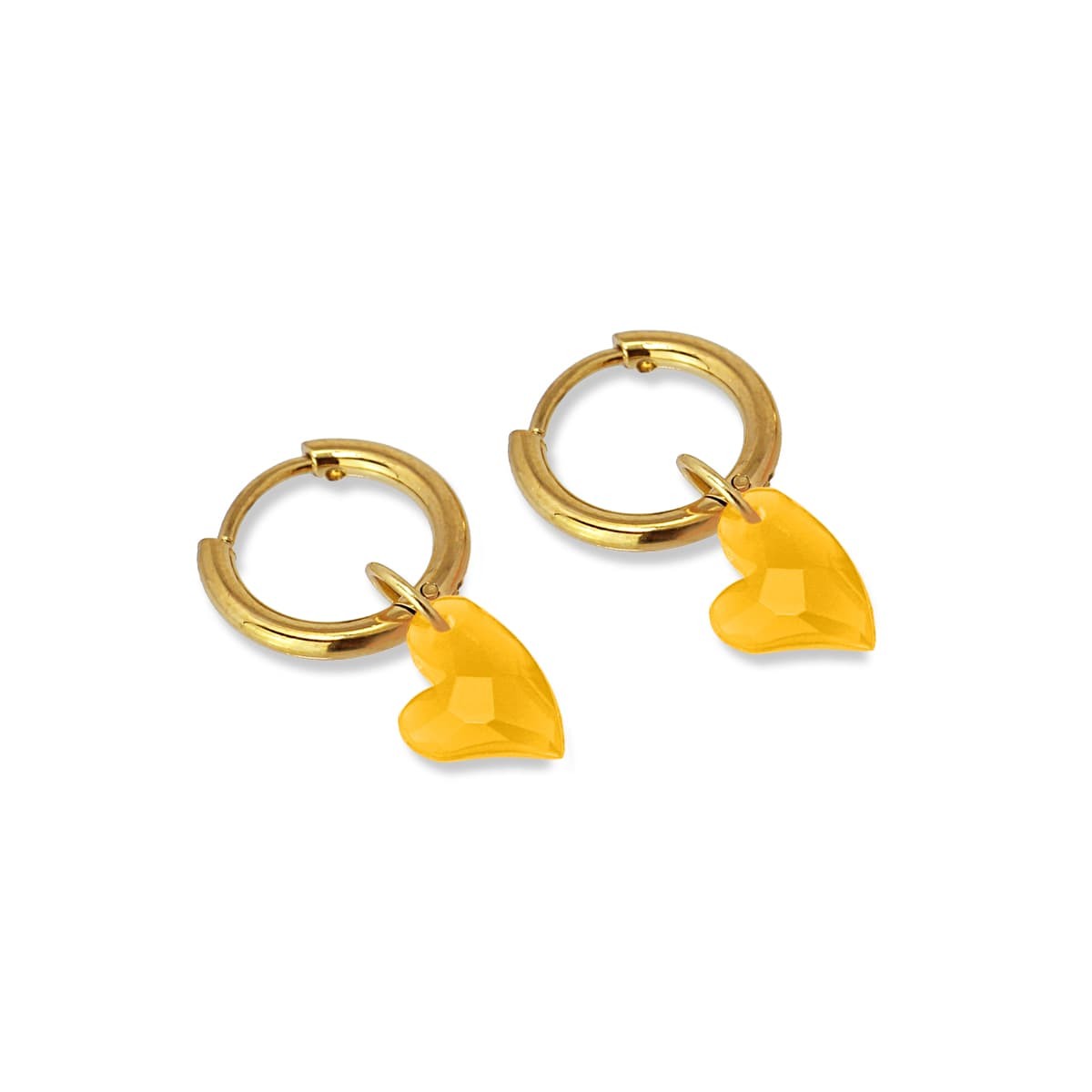 pendientes mini aros acero quirúrgico dorado abalorio acrílico corazón amarillo