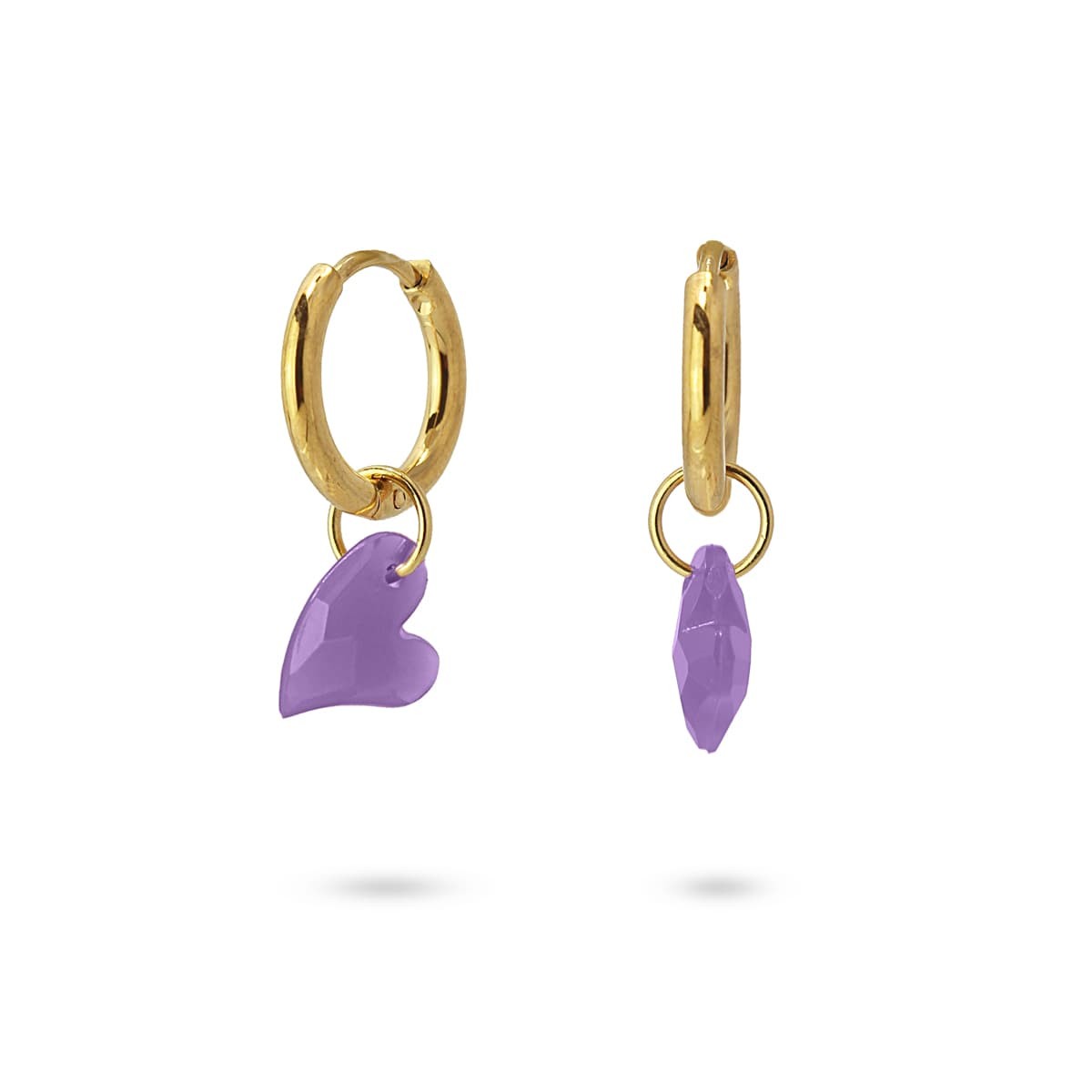 pendientes mini aros acero quirúrgico dorado abalorio acrílico corazón anartxy morado