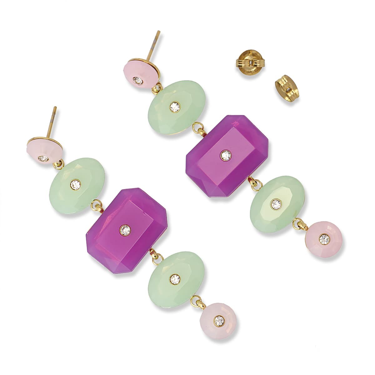 pendientes largos acero quirúrgico dorado 5 piedras color circonitas