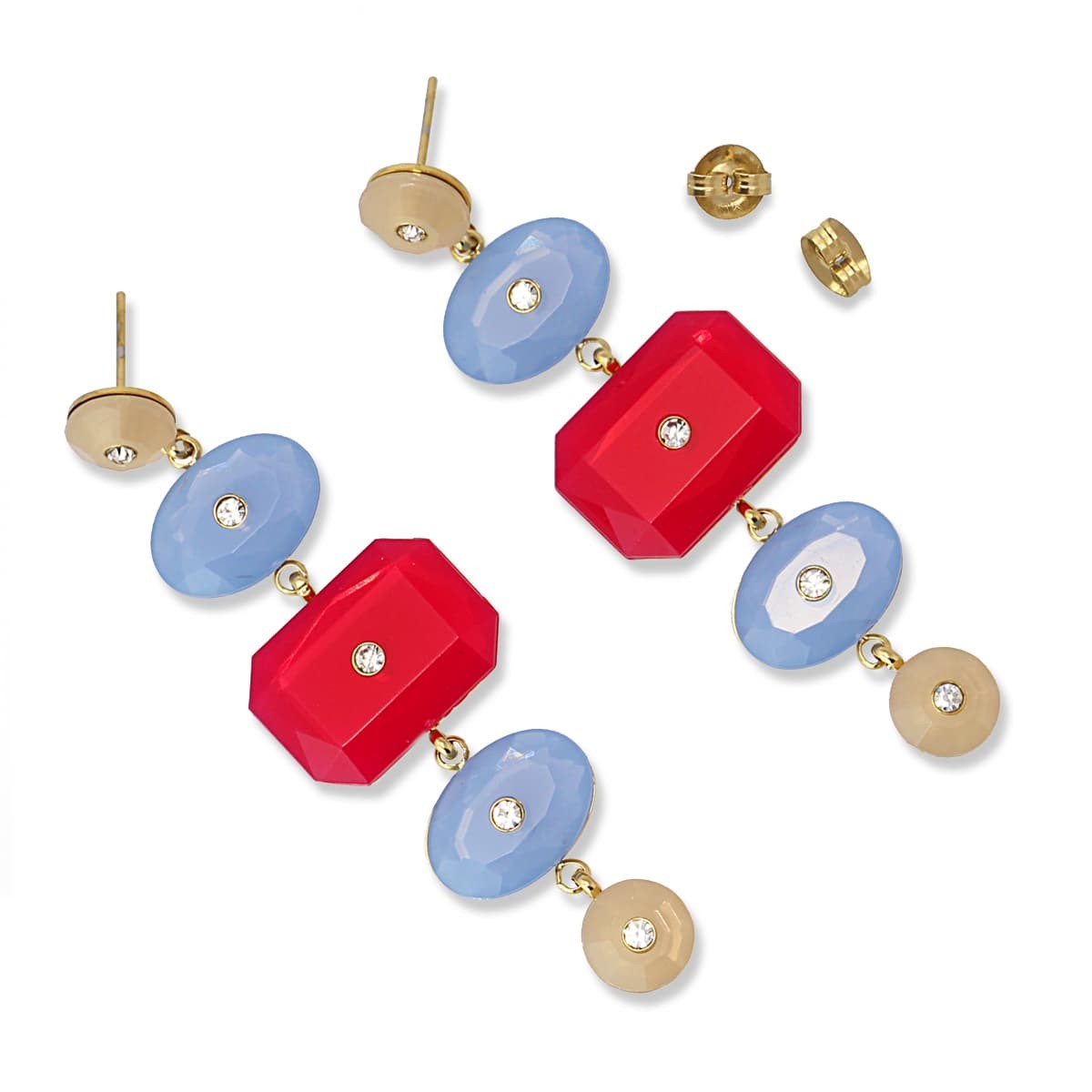 pendientes largos acero quirúrgico dorado 5 piedras color circonitas anartxy