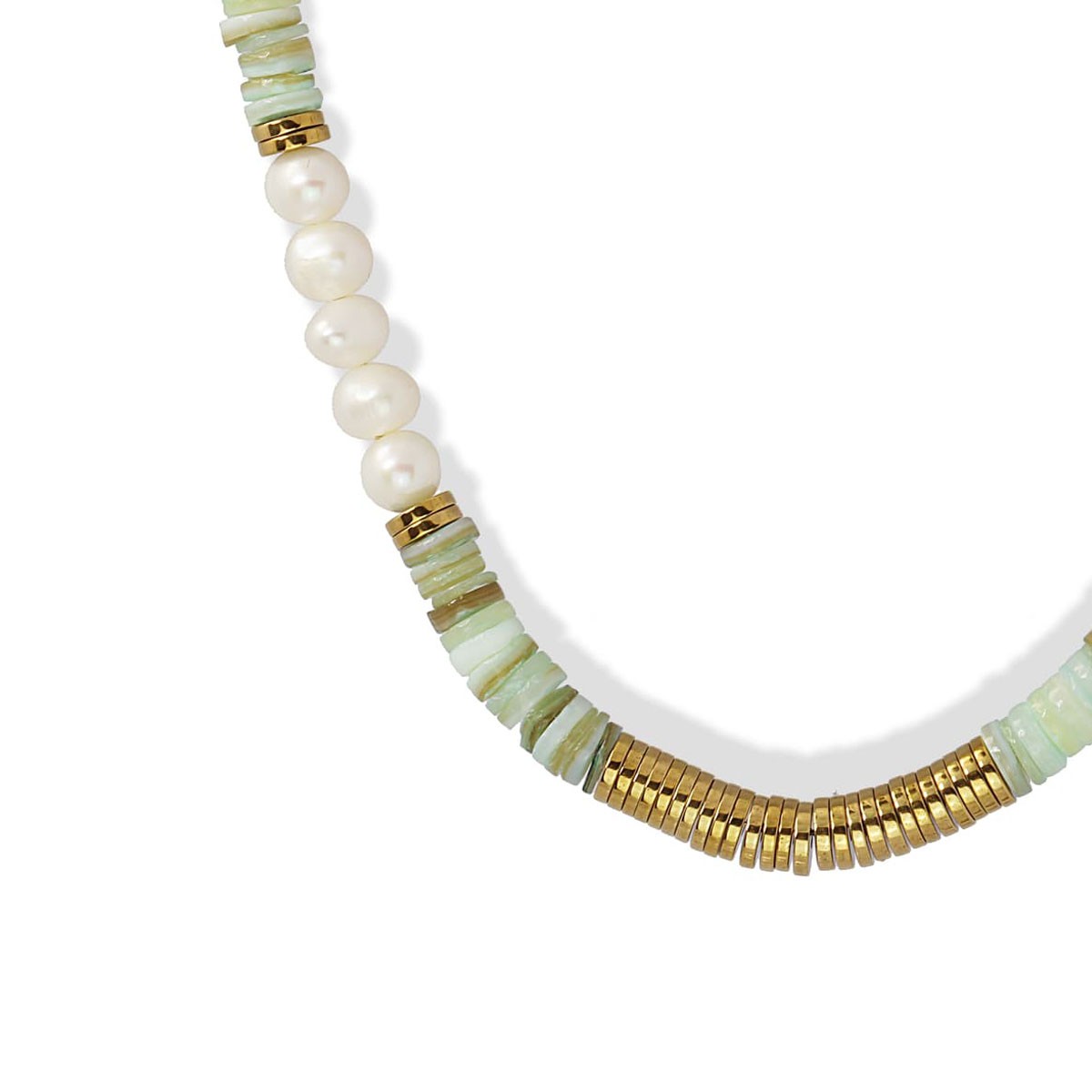 Collar heishi BCO449 acero corto dorado goma perla
