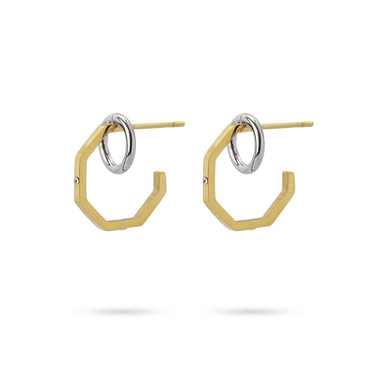 pendientes aros pequeños acero octogono y circulo bicolor dorado