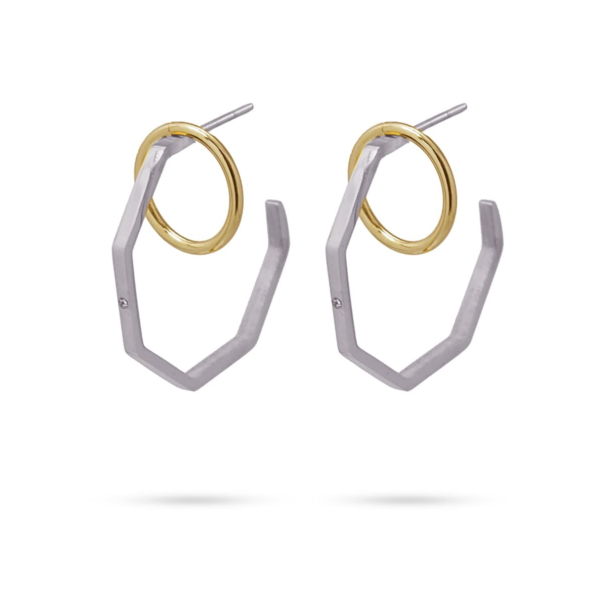 pendientes aros acero grandes octógono y círculo bicolor