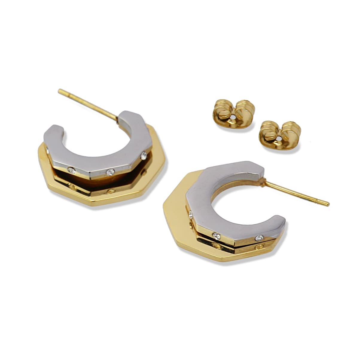 pendientes aros octogonales acero bicolor circonitas espejo anartxy