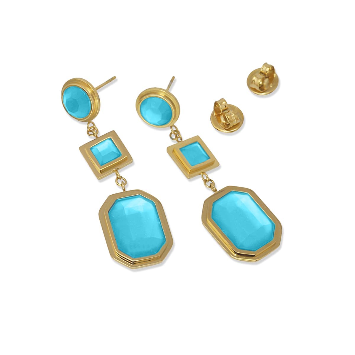 Pendientes largos dorado acero quirúrgico plástico reciclado piedra coloreada azul