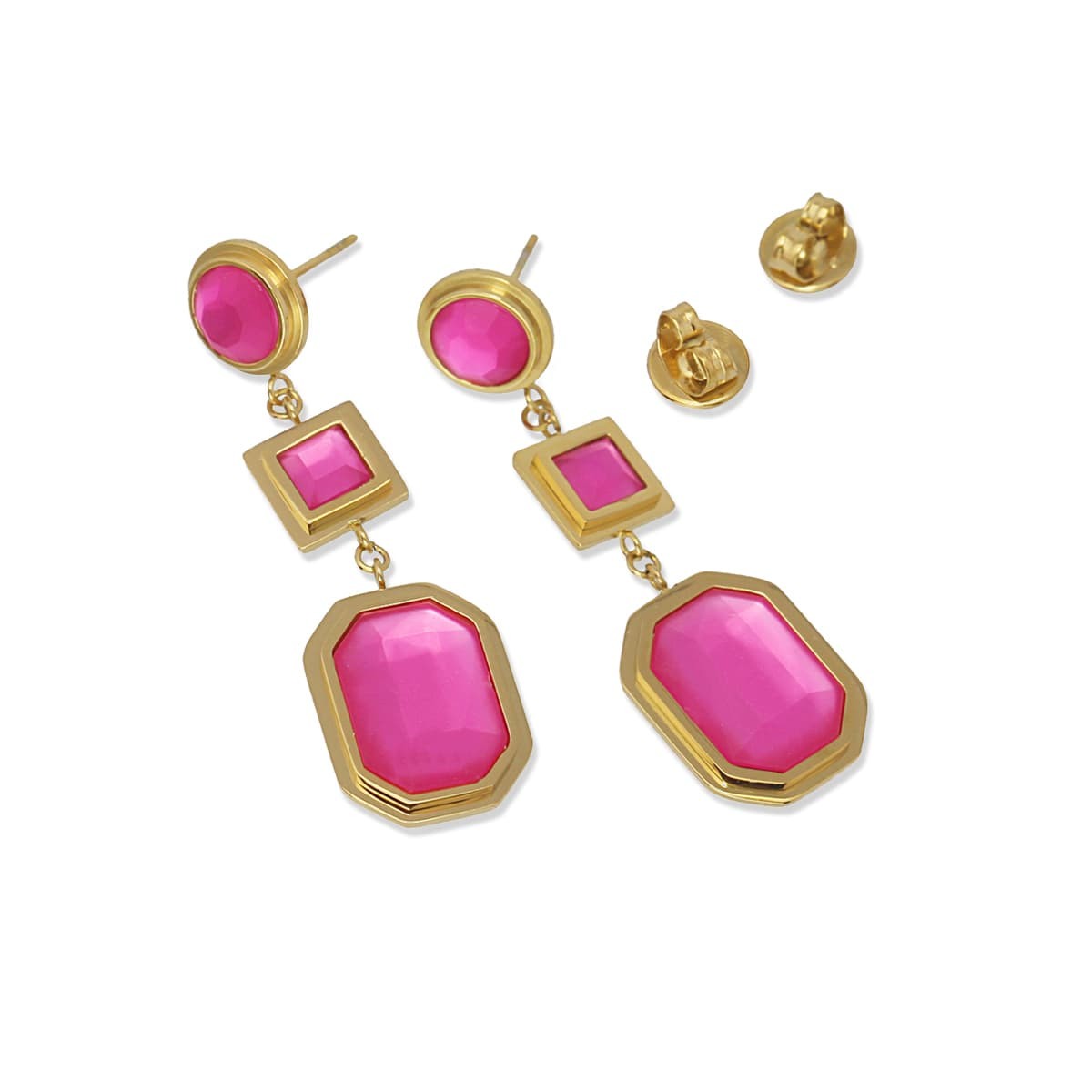 Pendientes largos dorado acero quirúrgico plástico reciclado piedra rosa