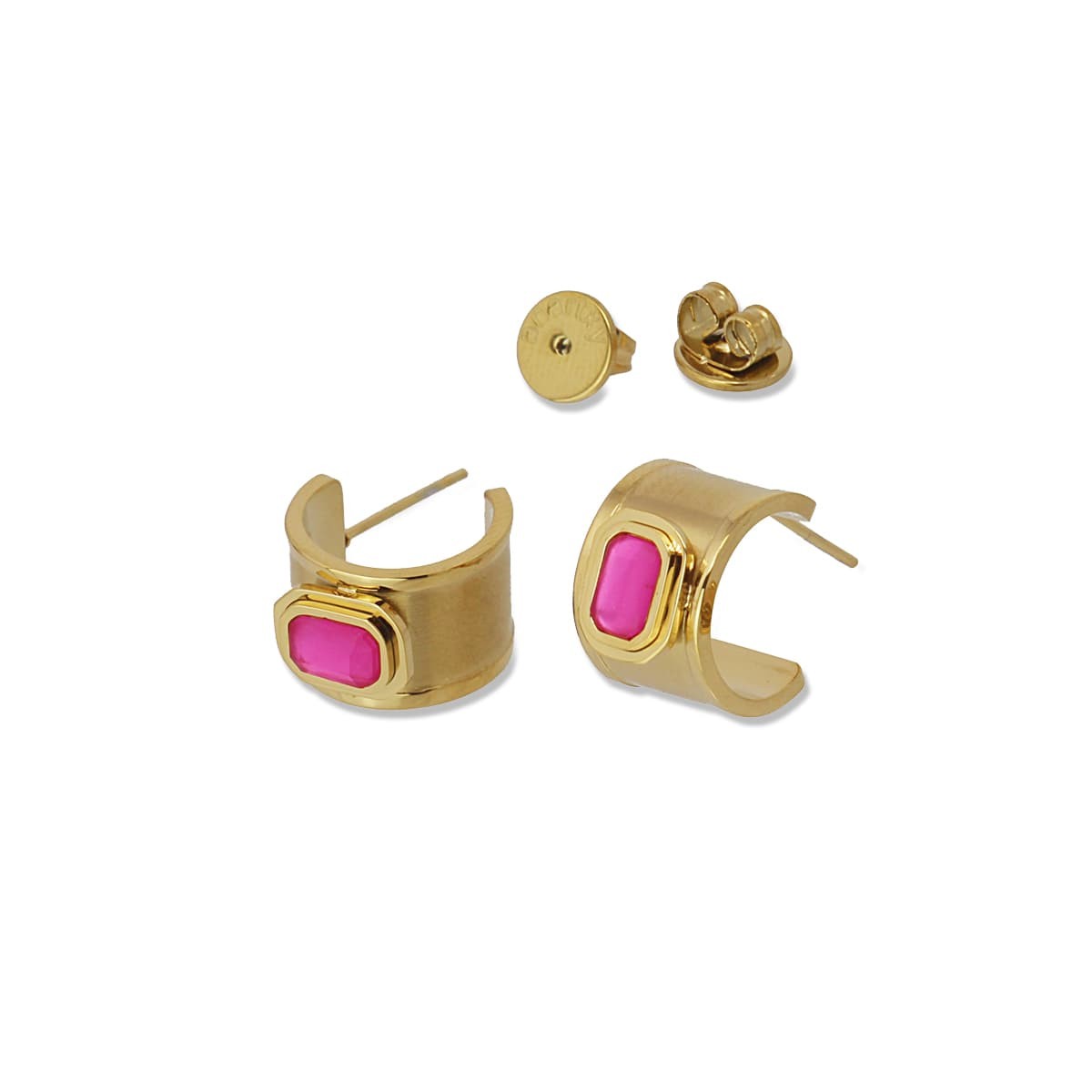 Pendientes mini aros dorado acero quirúrgico plástico reciclado piedra coloreada rosa