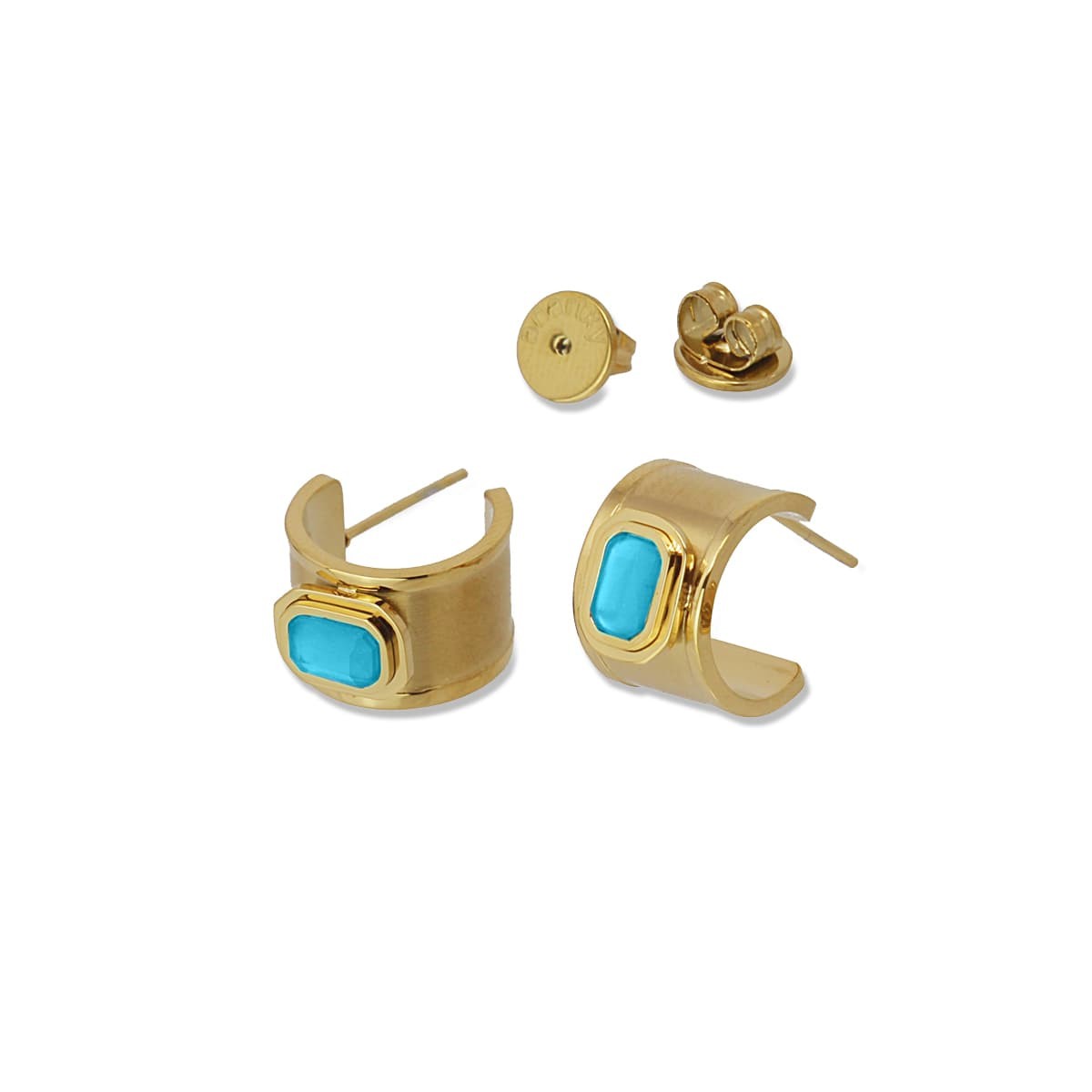 Pendientes mini aros dorado acero quirúrgico plástico reciclado piedra coloreada azul