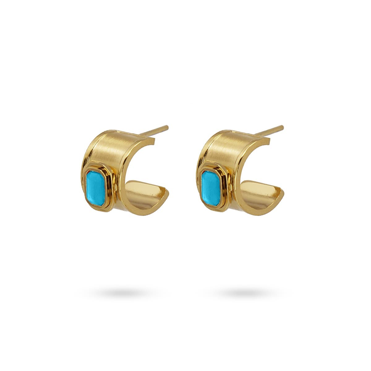 Pendientes mini aros dorado acero quirúrgico plástico reciclado piedra coloreada azul