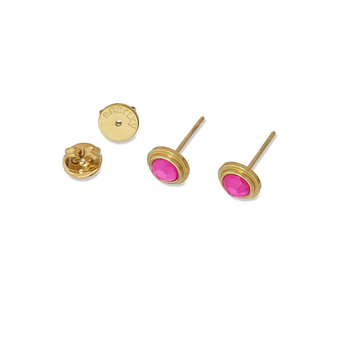 Pendientes pequeños circulares dorado acero quirúrgico plástico reciclado piedra coloreada rosa