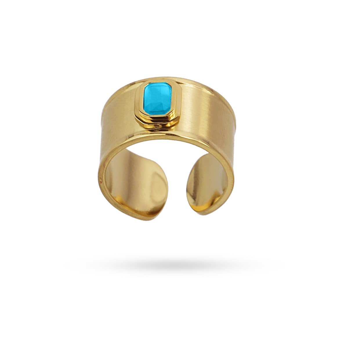 Anillo ancho dorado cadena eslabones acero quirúrgico plástico reciclado piedra coloreada azul