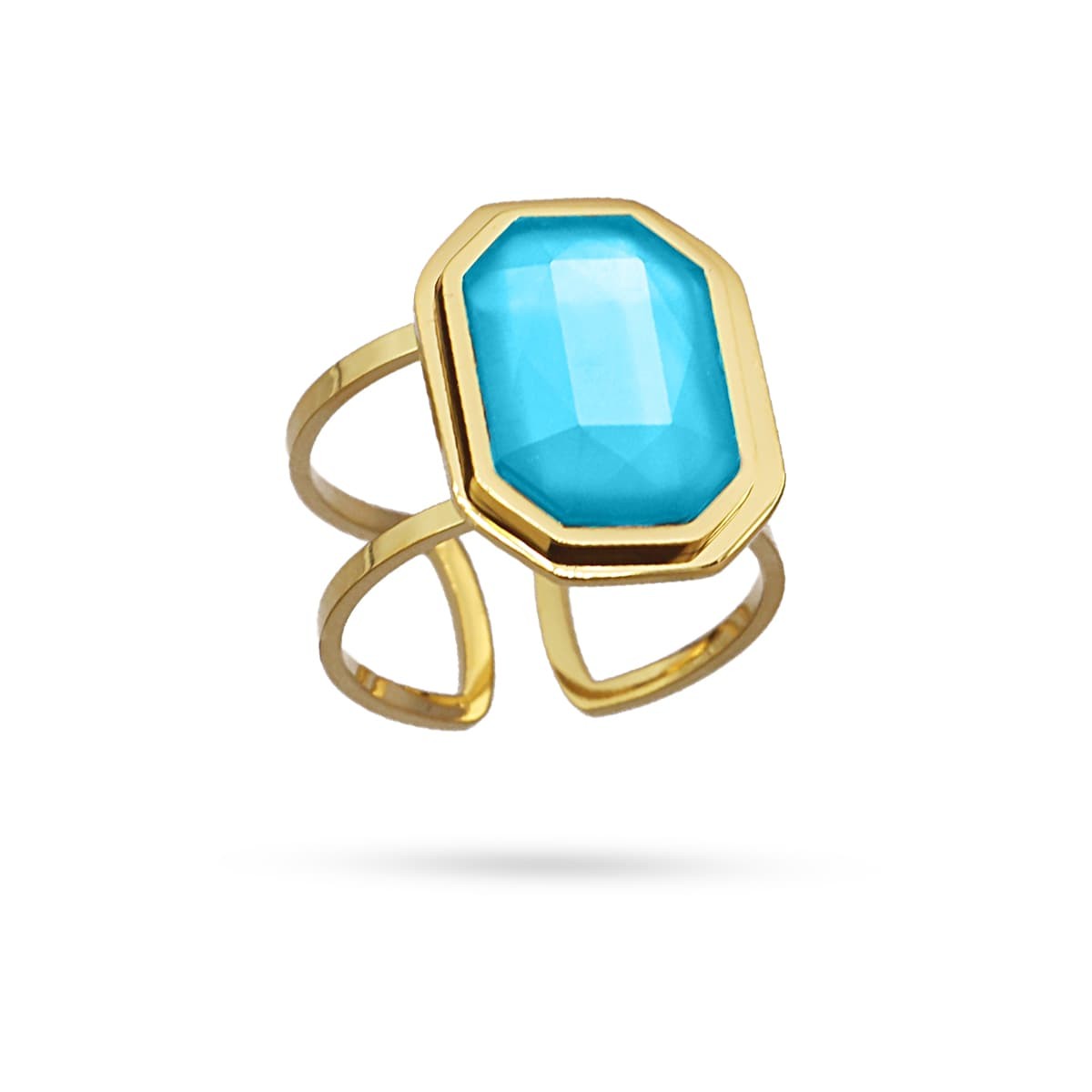 Maxi anillo dorado cadena eslabones acero quirúrgico plástico reciclado piedra coloreada azul