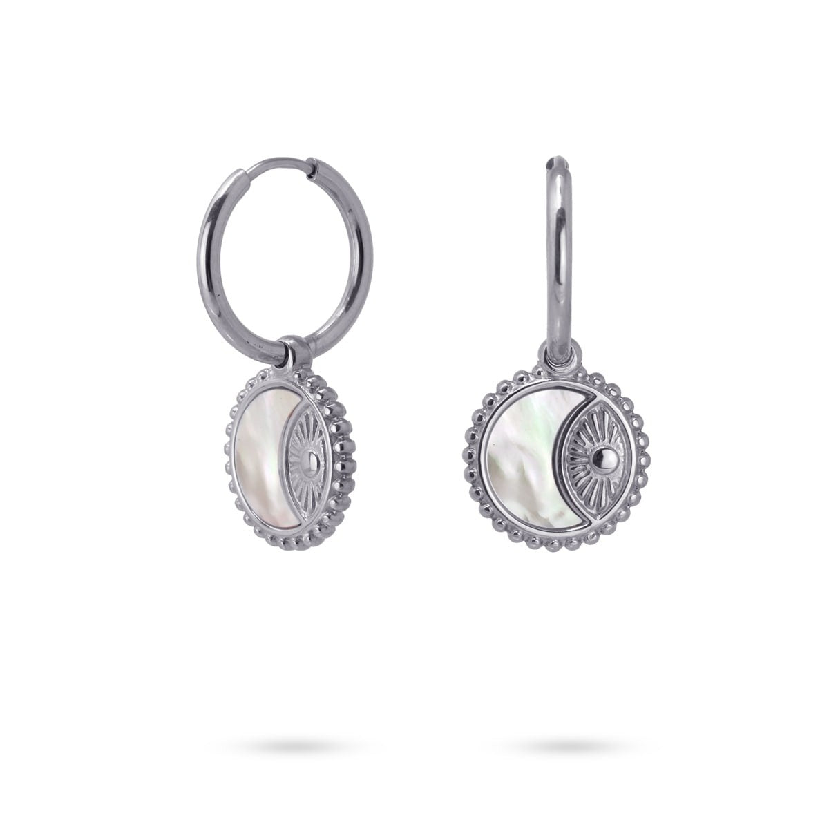pendientes mini aros sol luna concha marina acero anartxy