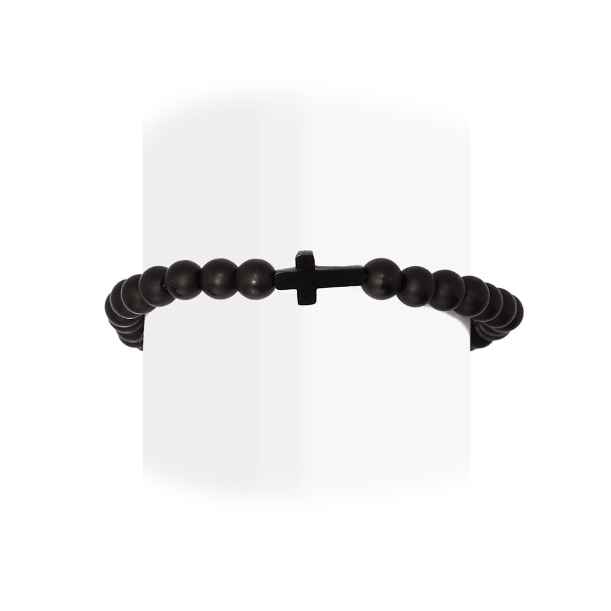 pulsera elastica hombre bolitas piedra natural cruz  negra