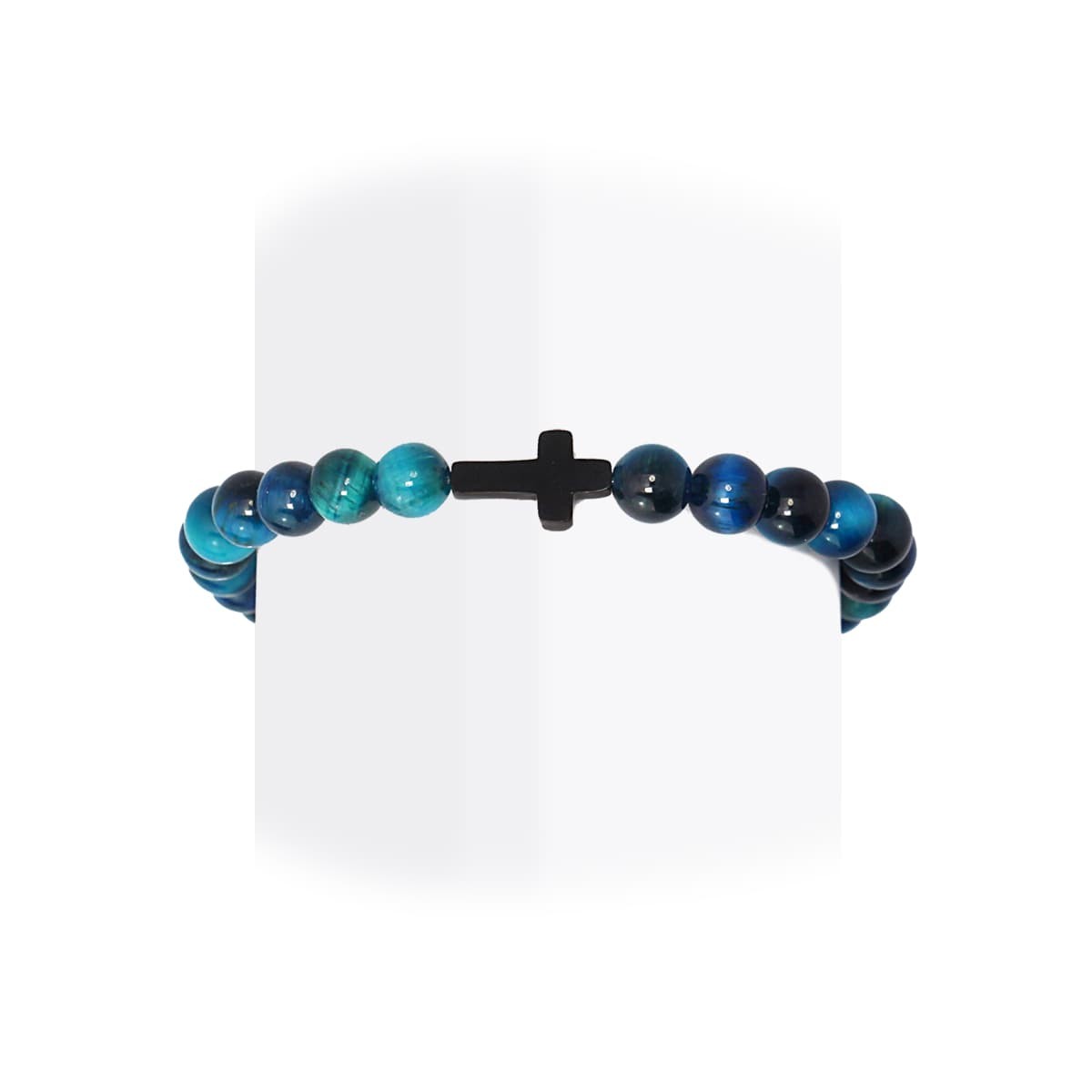 pulsera elastica hombre bolitas piedra natural cruz azul