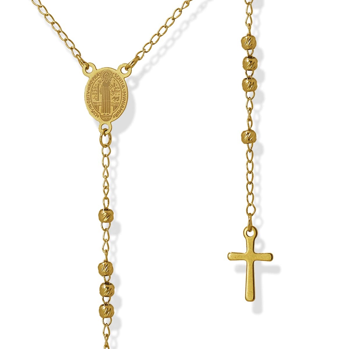 collar largo rosario cruz virgen acero dorado