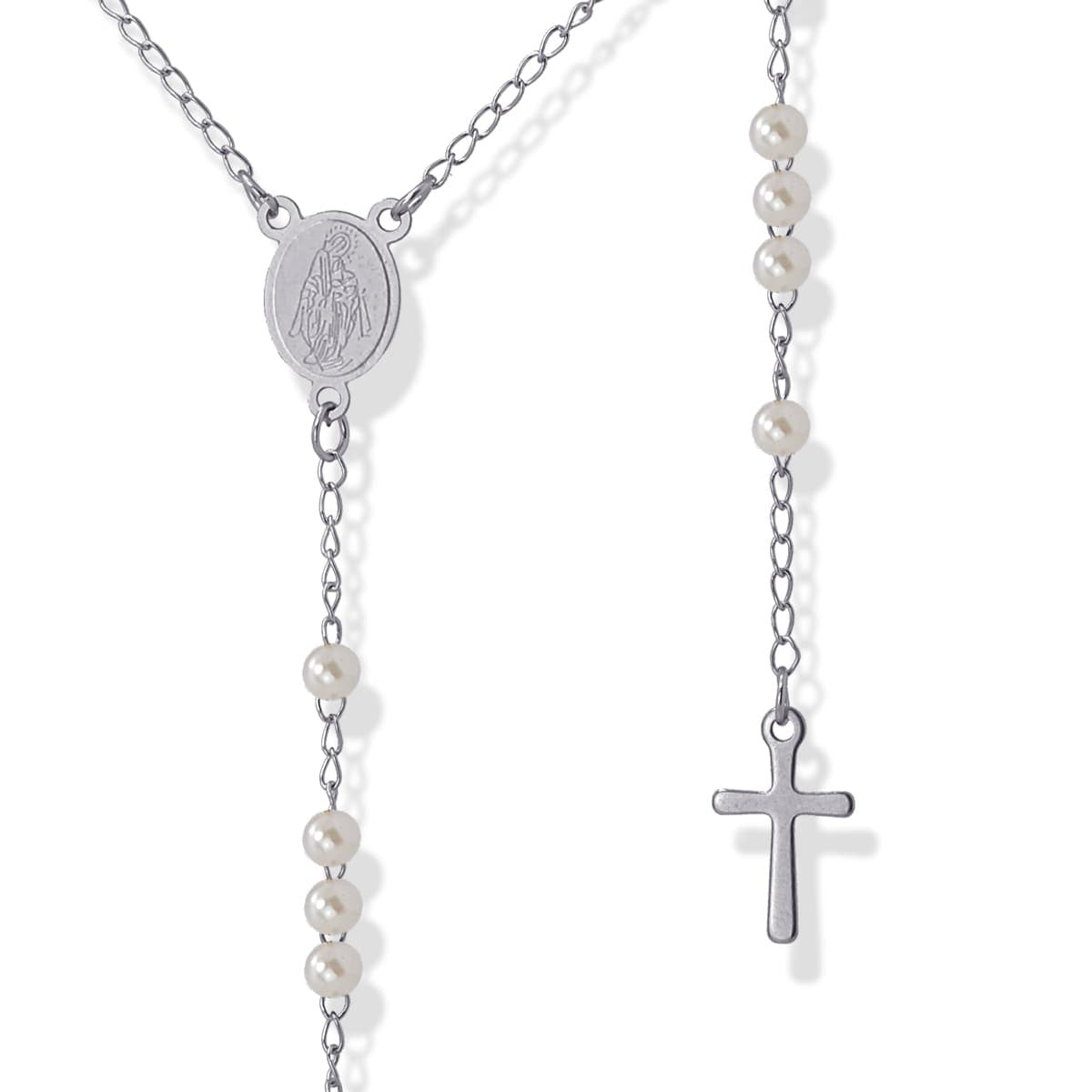 collar rosario acero quirúrgico perlas cruz virgen