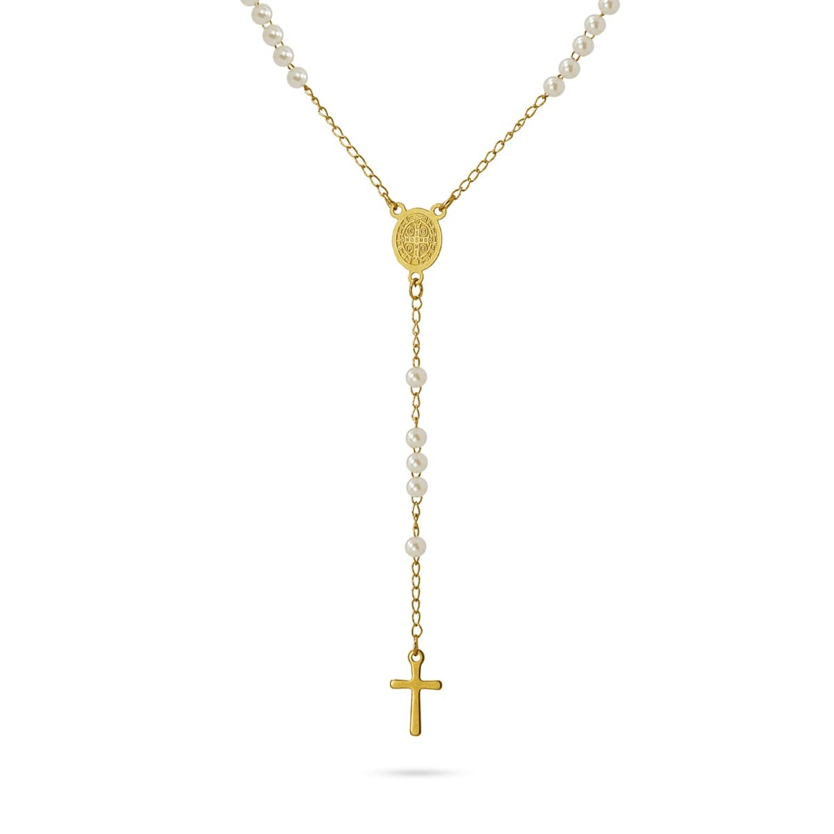 collar rosario acero quirúrgico perlas cruz virgen oro